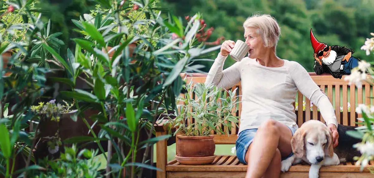 Frau auf Gartenbank Eine Frau sitz mit Hund auf einer Gartenbank mit Tasse in der Hand