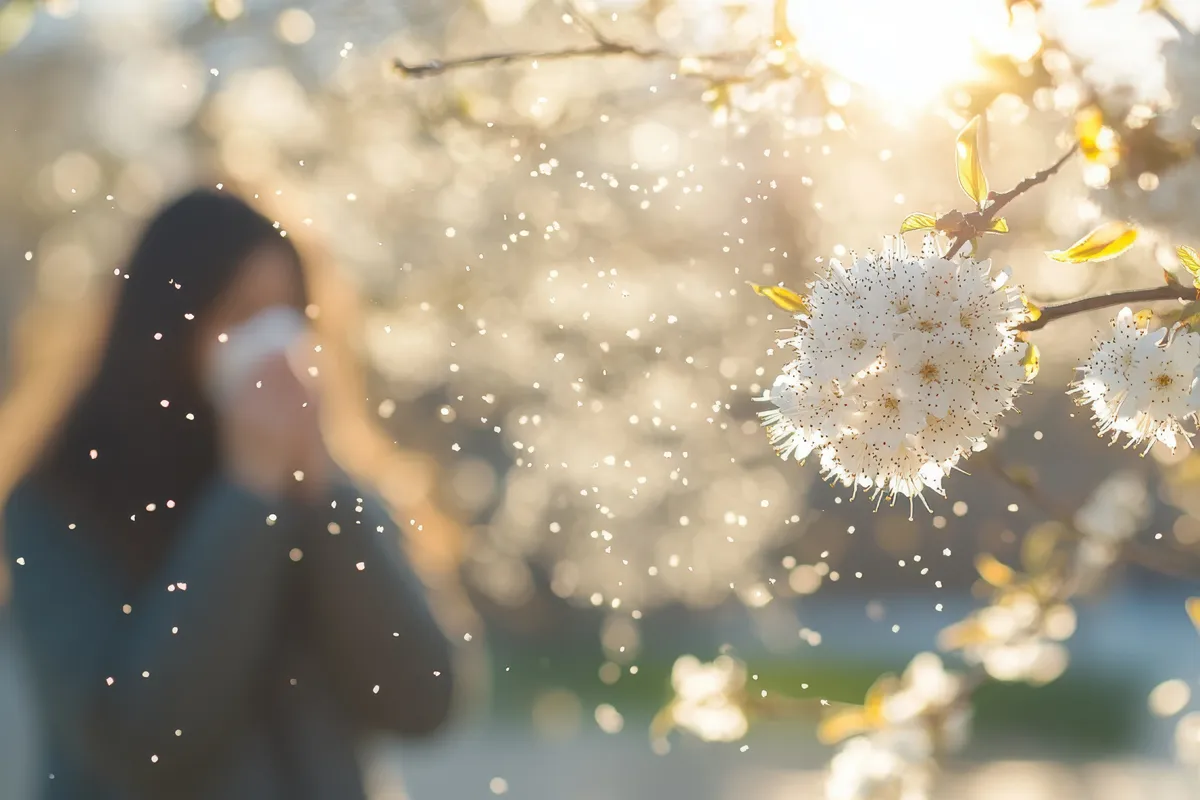 Pollenflugkalender gutes Hilfsmittel Eine Frau putzt sich im Hintergrund die Nase und vorne ist eine Blumenblüte mit vielen Pollen drum herum